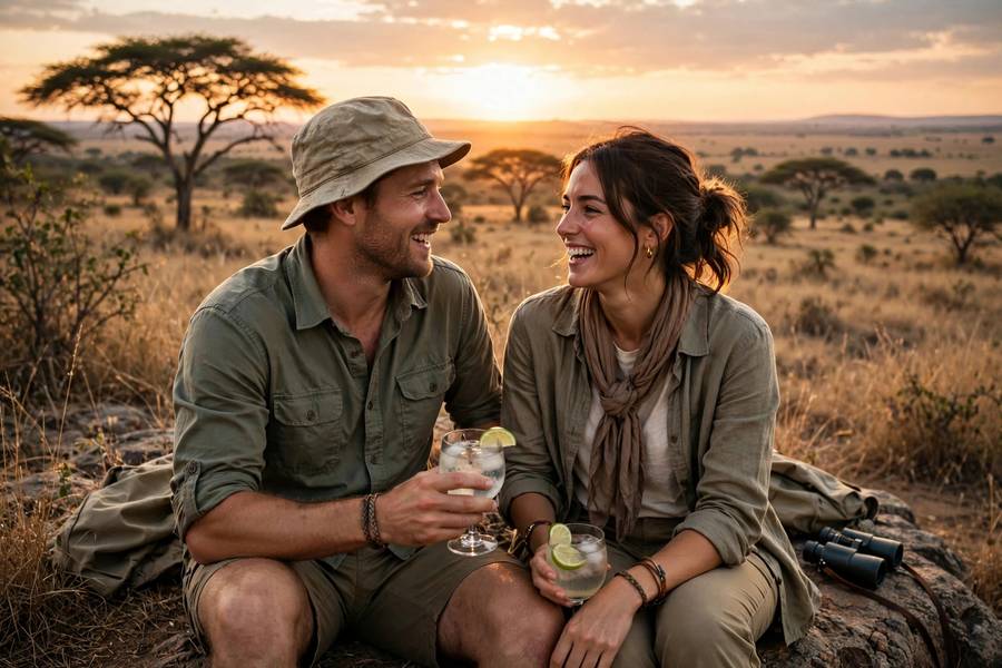 Couple on safari sundowner with savanna sunset