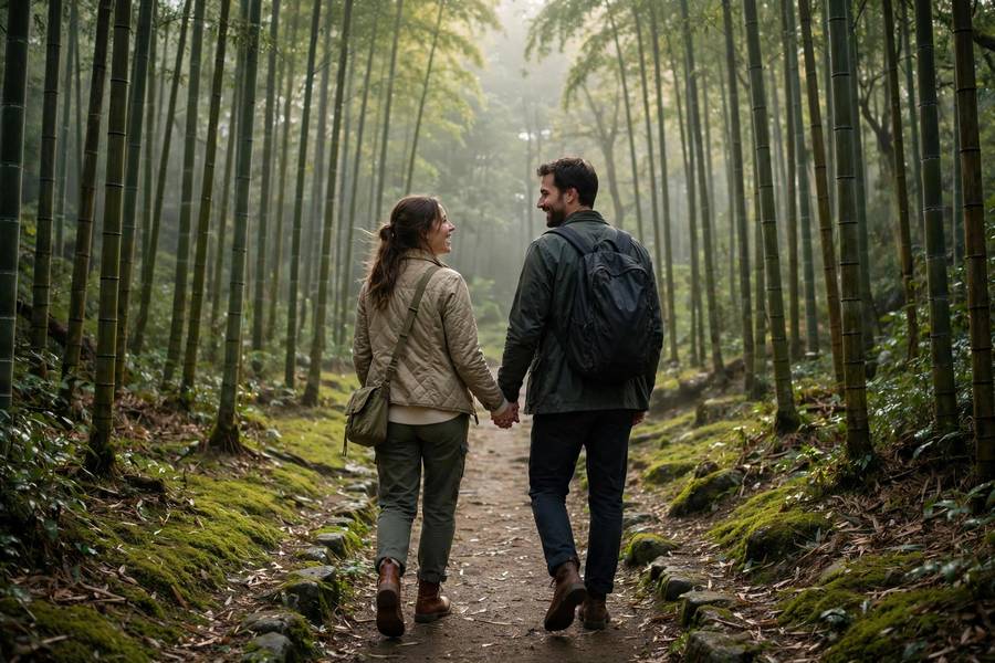 Couple walking through Kyoto bamboo grove morning