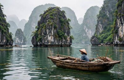 Ha Long Bay limestone karsts with traditional boat Vietnam