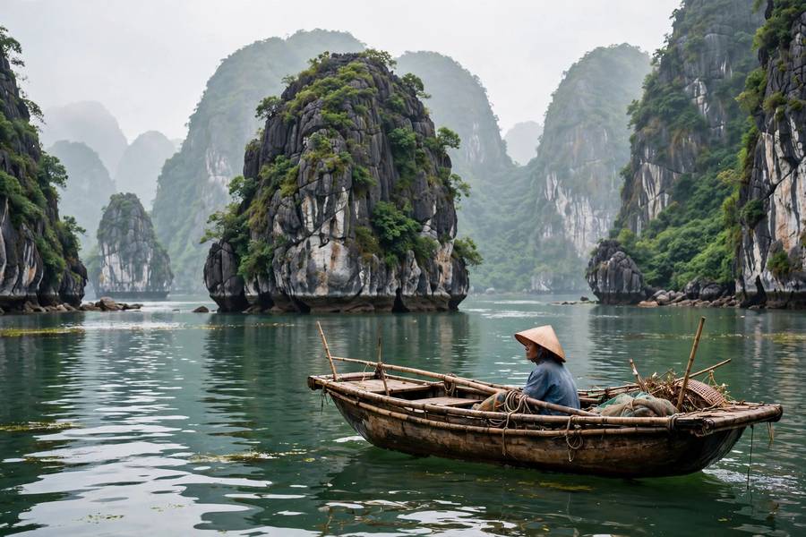 Ha Long Bay limestone karsts with traditional boat Vietnam