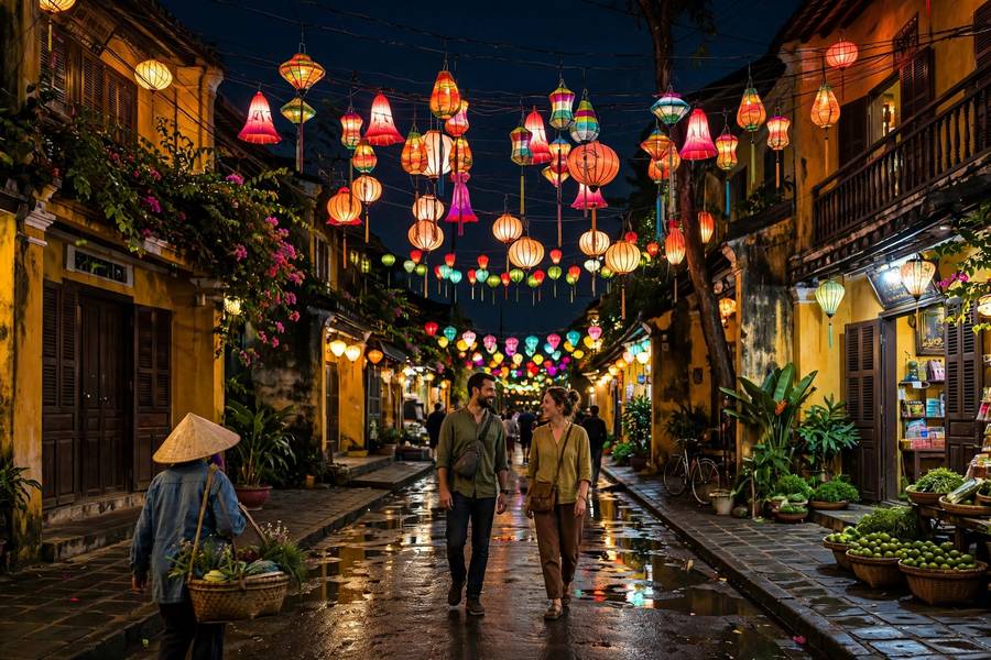 Colorful lanterns in Hoi An ancient town street at night