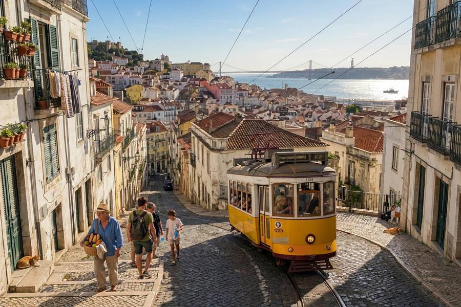 Lisbon Alfama district with tram and Tagus river view