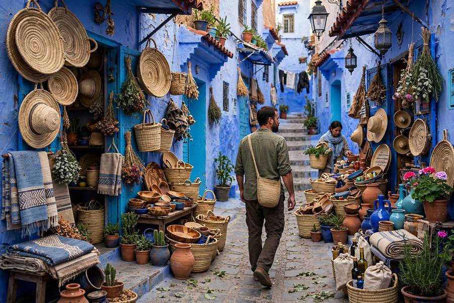 Moroccan blue streets of Chefchaouen with local shops