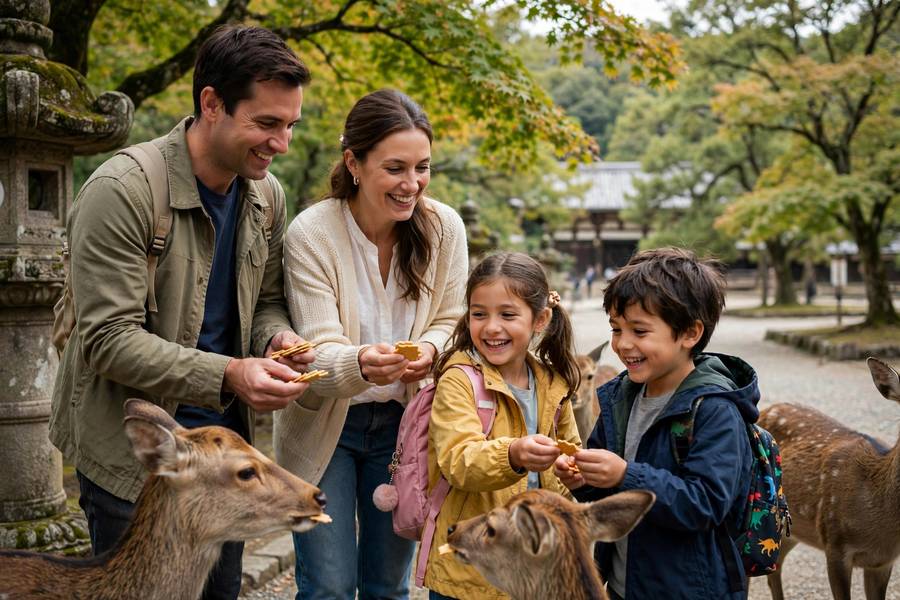 Family feeding deer at Nara Japan with kids smiling