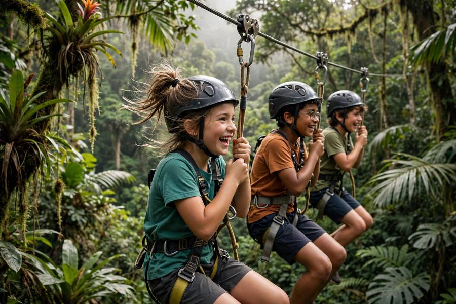 Kids zip lining through Costa Rica rainforest canopy