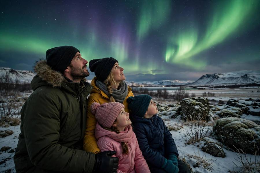 Family watching Northern Lights in Iceland winter