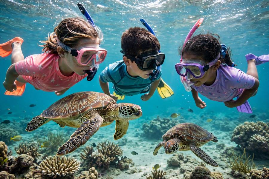 Children snorkeling with sea turtles in Hawaii