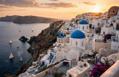 Santorini at sunset, one of the best places to visit in Europe