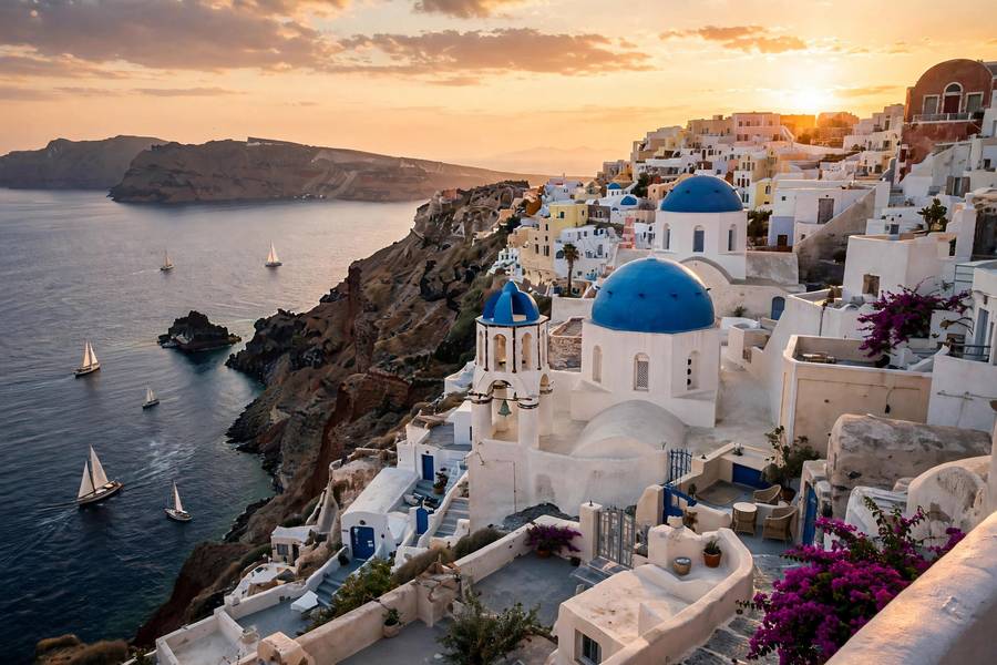 Santorini at sunset, one of the best places to visit in Europe