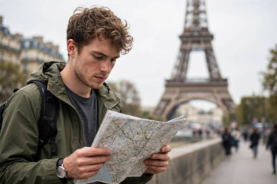 First time traveler at Eiffel Tower with map Paris