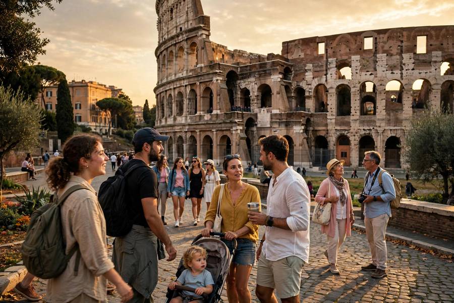 Colosseum in Rome with tourists at golden hour