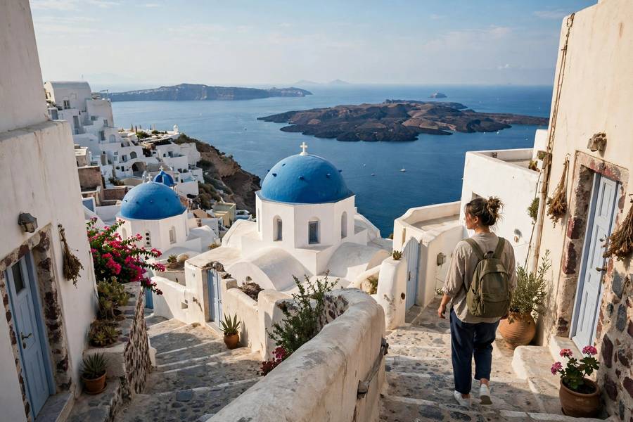 Santorini Oia with blue domes and caldera view