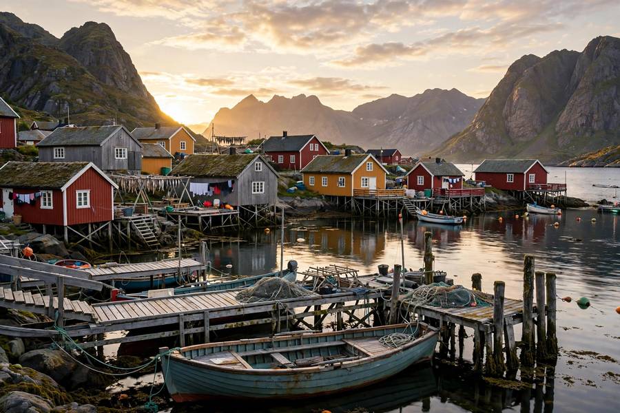 Colorful fishing village houses in Lofoten Norway midnight sun