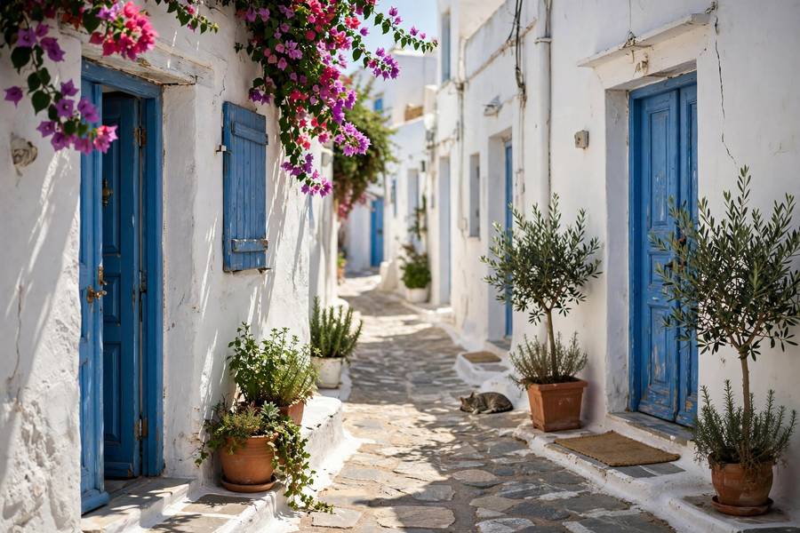 Whitewashed street in Naxos Greece with blue doors summer