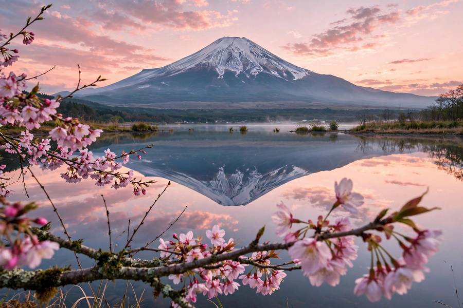 Mount Fuji reflected in Lake Kawaguchi with cherry blossoms — an iconic view among the best places to visit in Japan