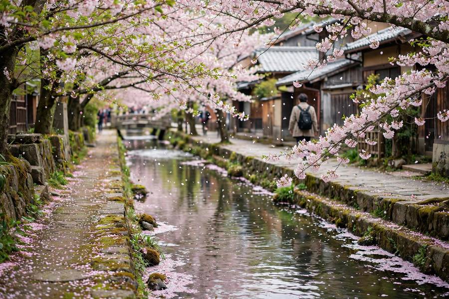 Cherry blossoms along Philosopher's Path canal in Kyoto spring