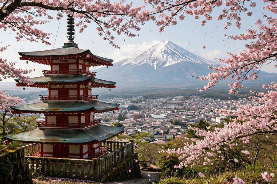 Mt Fuji with cherry blossoms at Chureito Pagoda viewpoint