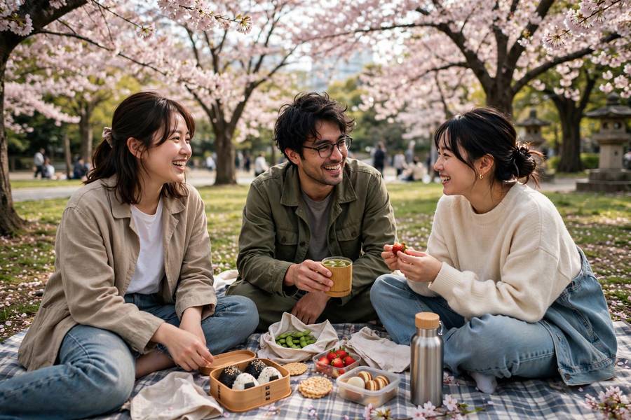 Hanami picnic under cherry trees in Tokyo park spring