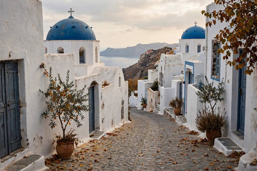 Santorini's quiet streets in October, when crowds thin and the weather stays warm — among the best places to visit in October