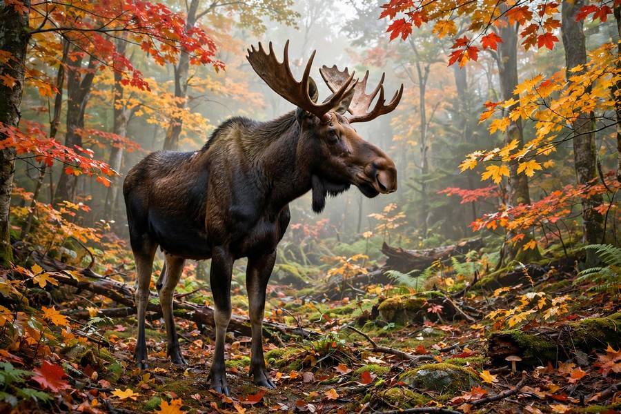 A moose in peak New England fall foliage — October is prime leaf-peeping season