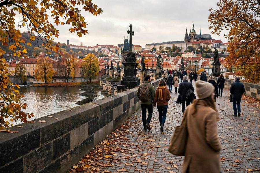 Prague Charles Bridge in fall with autumn foliage