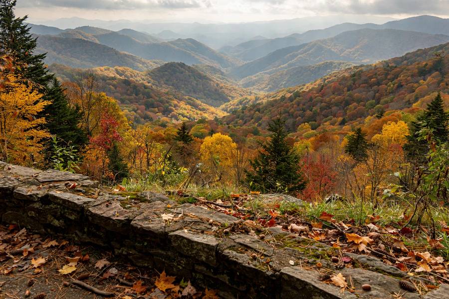 Blue Ridge Parkway overlook with fall mountains
