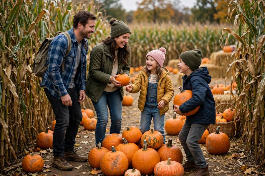 Family in corn maze with pumpkins harvest festival