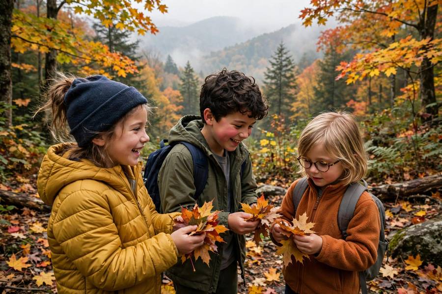 Children with fall foliage at Great Smoky Mountains