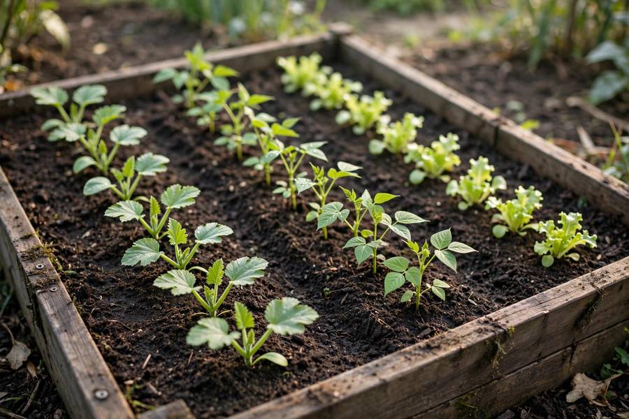 Young zucchini, bush beans, and lettuce seedlings growing in neat rows in a raised bed