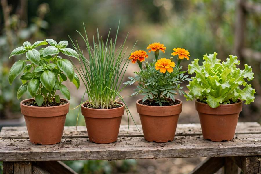 Basil, chives, marigolds, and lettuce in terracotta pots on a wooden potting bench
