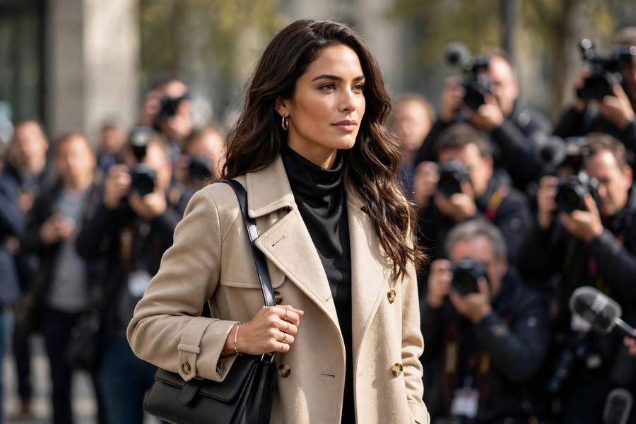 Celebrity arriving at press photocall in stylish outfit, photographers in background, daytime event, photorealistic