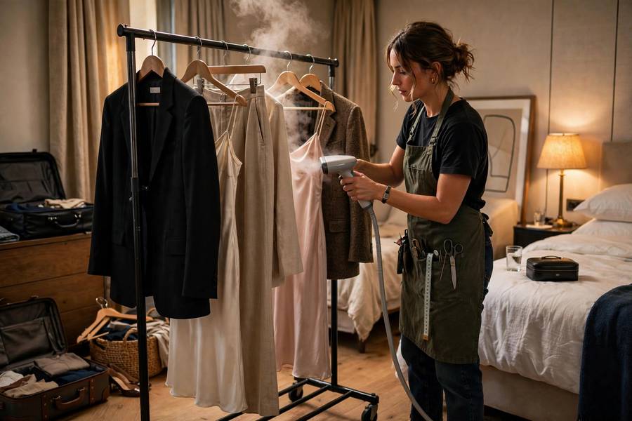 Fashion stylist steaming garments on rack in hotel room, behind the scenes, photorealistic