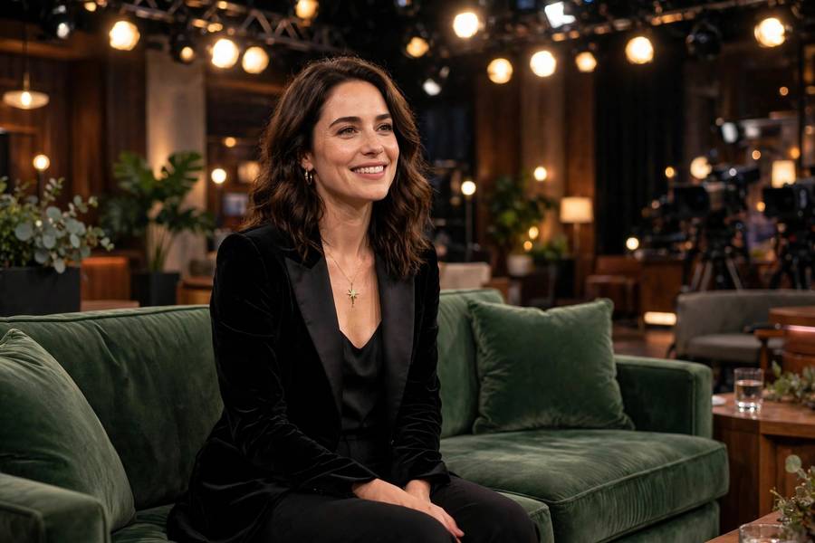 Star on talk show couch in elegant outfit, television studio lights, photorealistic