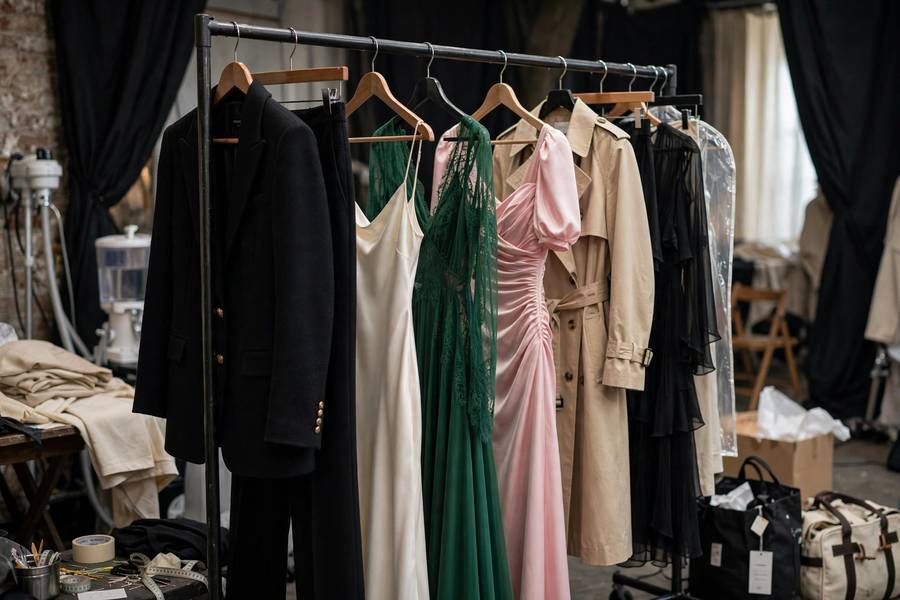 Row of designer outfits on garment rack backstage, fashion preparation, soft lighting, photorealistic