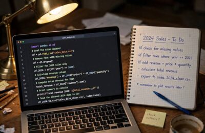 Python code with syntax highlighting on a laptop screen