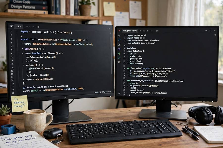 Comparing JavaScript and Python code on dual monitors