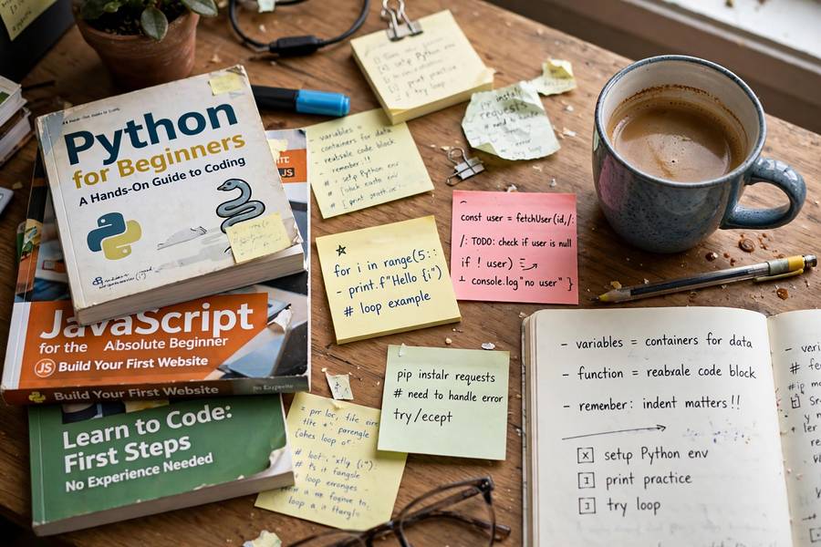 A beginner programmer's desk with books and notes