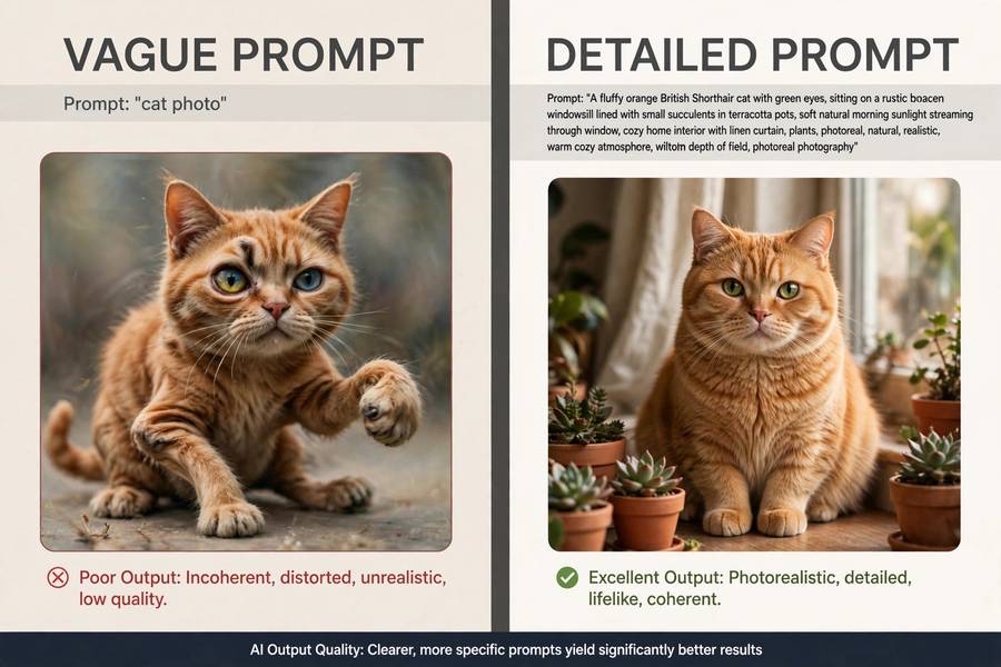 Split screen comparing vague versus detailed prompts and their AI outputs