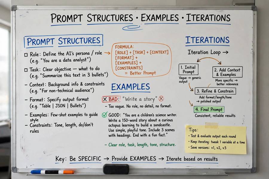 A whiteboard mapping out prompt structures with examples and iterations