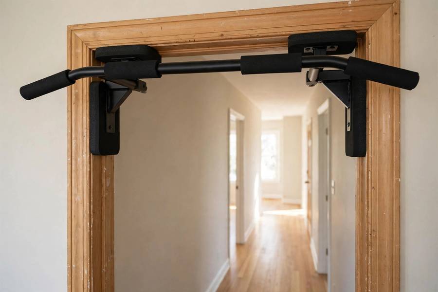 Leverage-style doorway pull-up bar installed in a home door frame