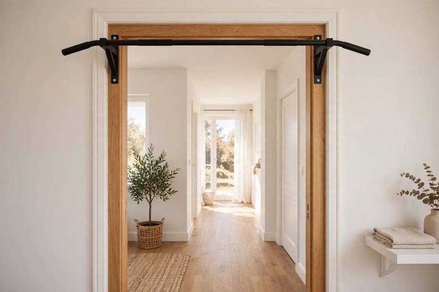 Wall-mounted pull-up bar bolted to a garage wall with steel mounting brackets