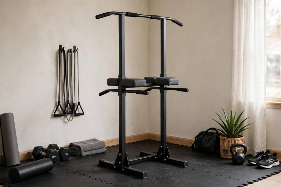 Freestanding power tower with pull-up bar set up in a home gym corner