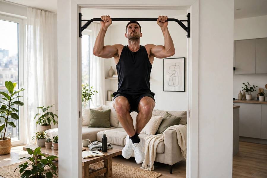 Man doing pull-ups on a doorway bar inside a bright apartment living room