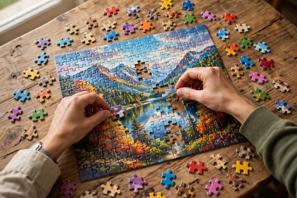 Adult hands assembling a colorful 1000-piece jigsaw puzzle on a table