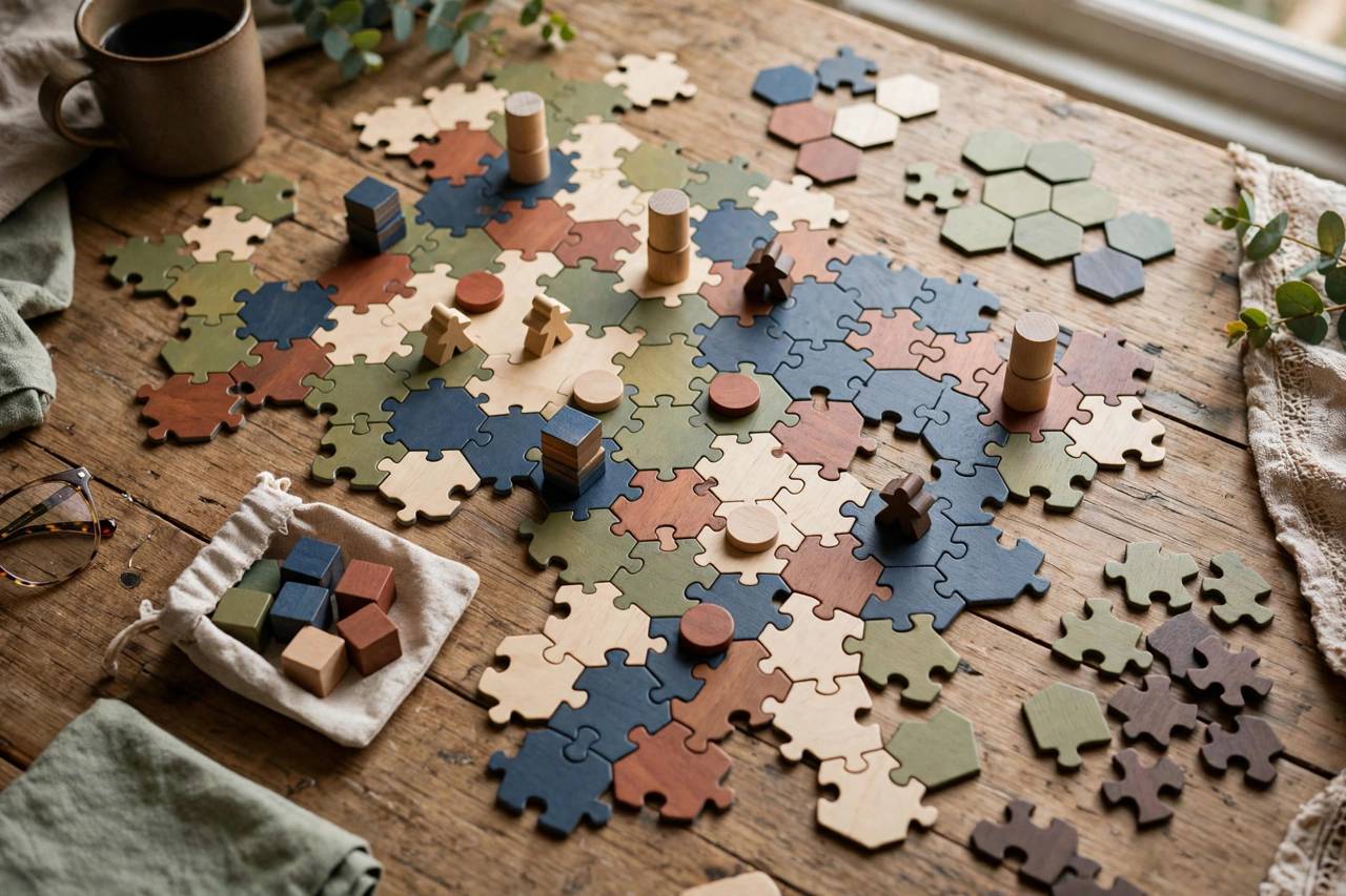 Close-up of a wooden brain teaser puzzle with interlocking pieces