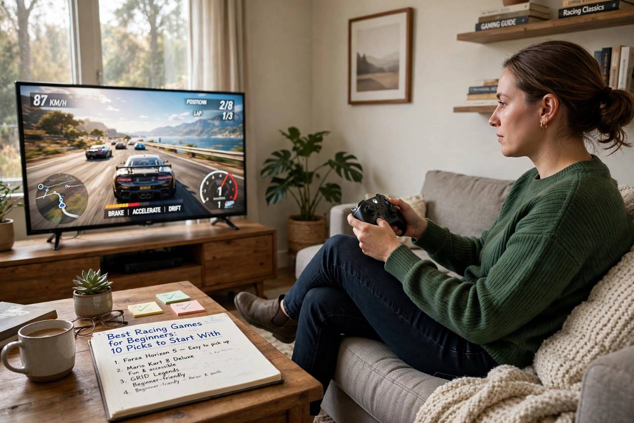 Person holding a game controller playing a racing game on a couch