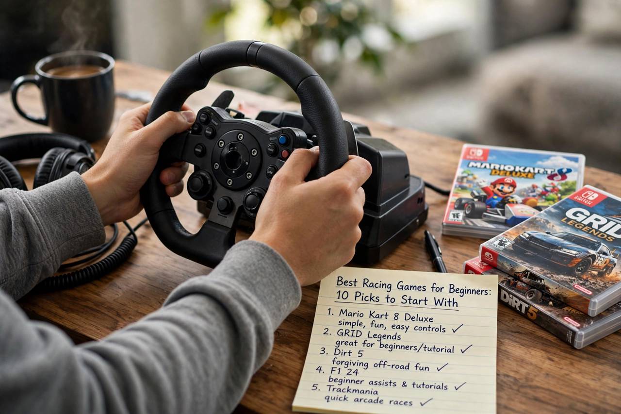 Close-up of hands on a racing wheel controller setup for gaming