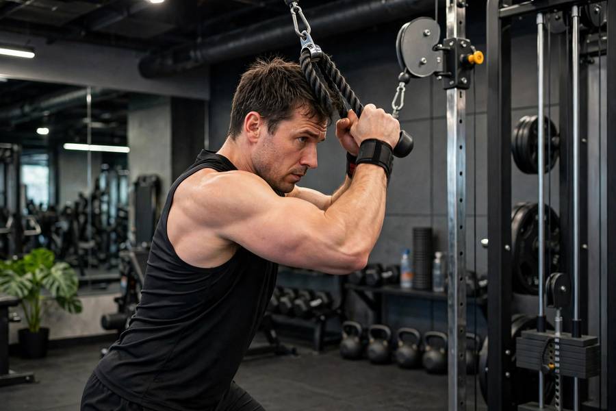 Man performing cable face pull with rope attachment in a gym