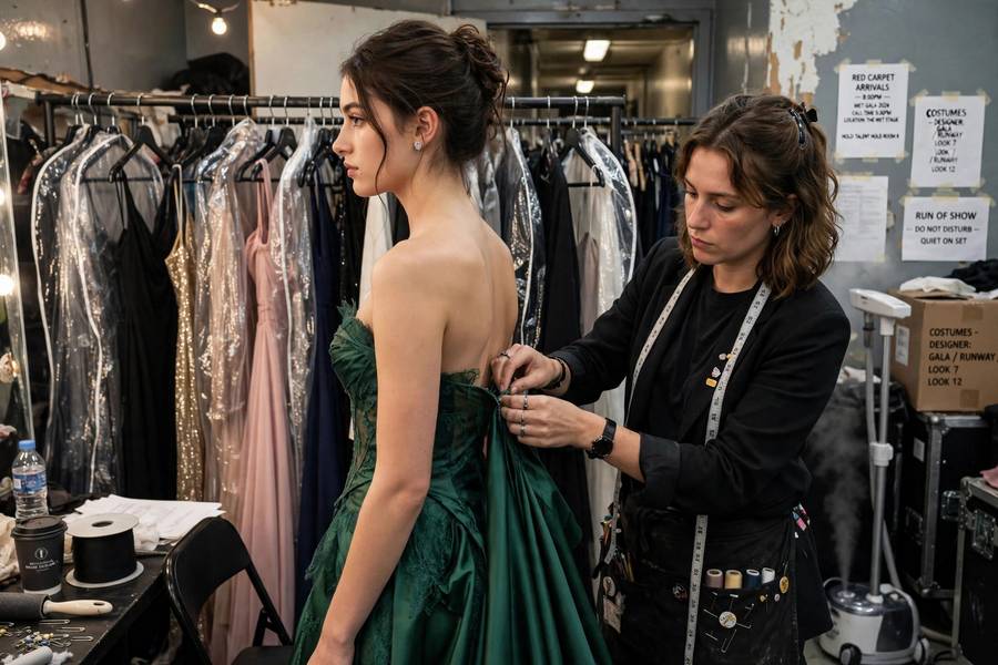Stylist preparing a gown backstage before a best red carpet looks moment