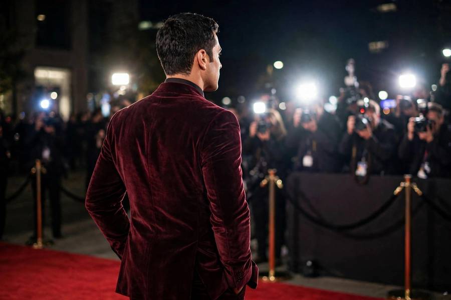 Man in a velvet burgundy suit on the red carpet